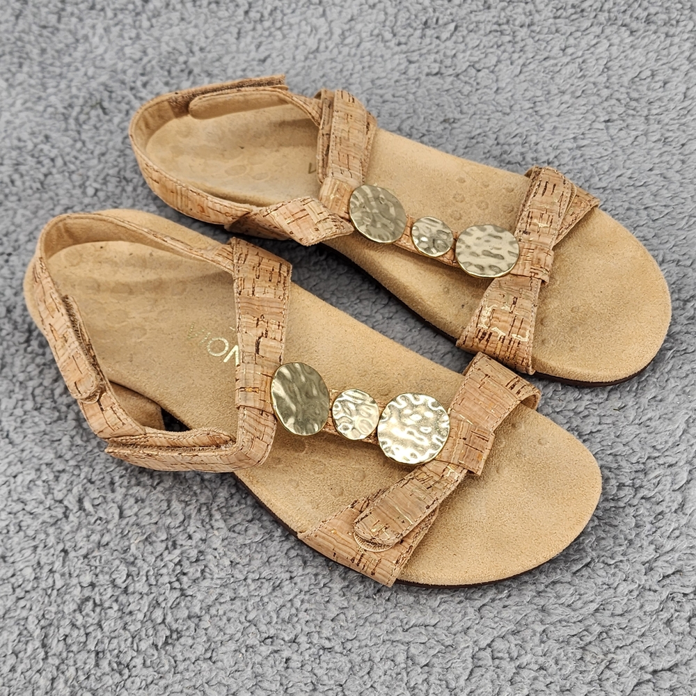 Vionic Farra Tan Cork Sandals Sz 8 Gold Details Ankle Strap Comfort Boho - Picture 11 of 11